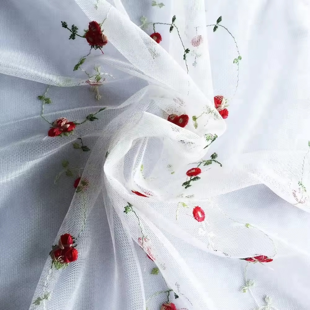 2024 embroidery textile floral tulle dress women 3d flower 100% polyester lace embroidered fabric